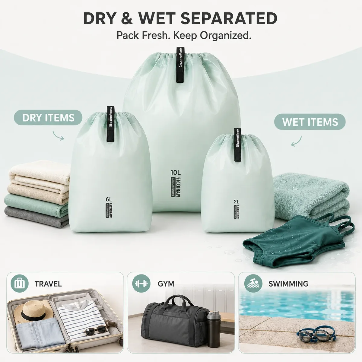 Sac de rangement étanche de grande capacité pour vêtements, pochette de rangement de voyage avec plusieurs poches pour la randonnée en plein air et le camping