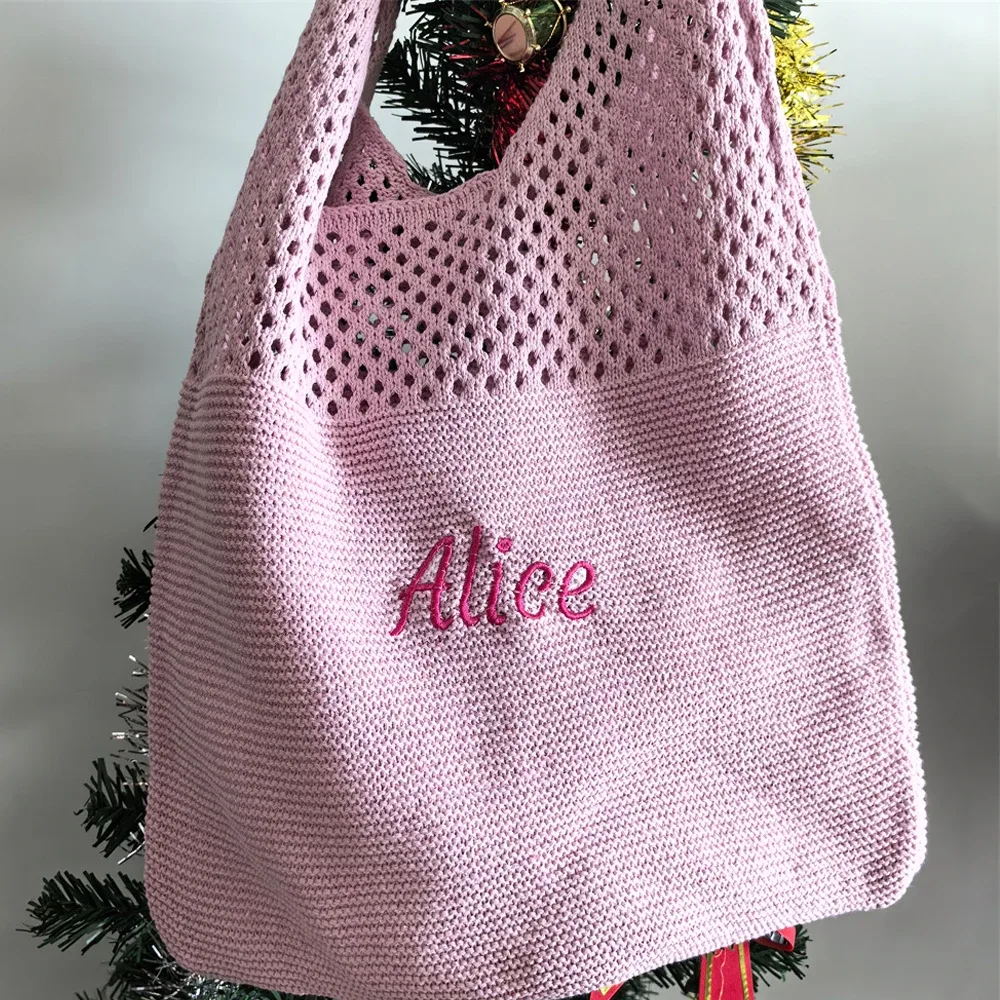 sac fourre-tout en laine tricoté de couleur unie, nom personnalisé, sac de shopping pour femmes, sac à main rétro ajouré, sacs à main doux brodés personnalisés