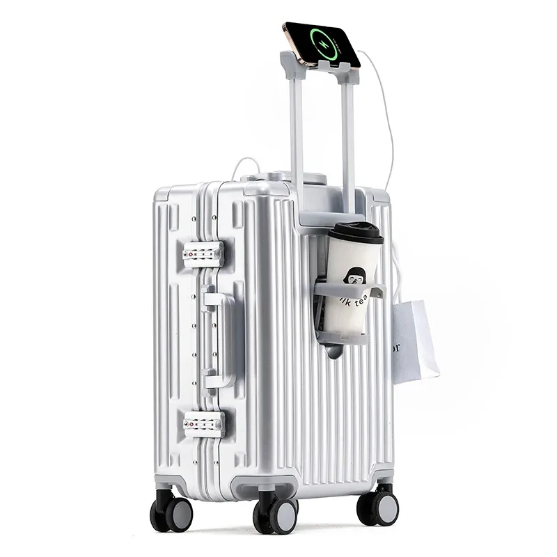ensemble 1 pièce, valise trolley à cadre en aluminium de 20 pouces, bagage cabine fonctionnel avec frein à absorption des chocs, roues universelles silencieuses, fonction porte-gobelet, fonction porte-téléphone, fonction de chargement usb, idéale pour les voyages d'affaires, les vacances, les courts séjours et comme cadeau.