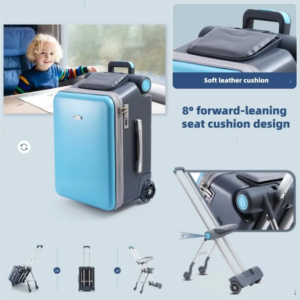 valise avec siège pour enfant, poussette de voyage 2 en 1, bagage à roulettes multifonctionnel, valise à roulettes de 20 pouces pour enfant