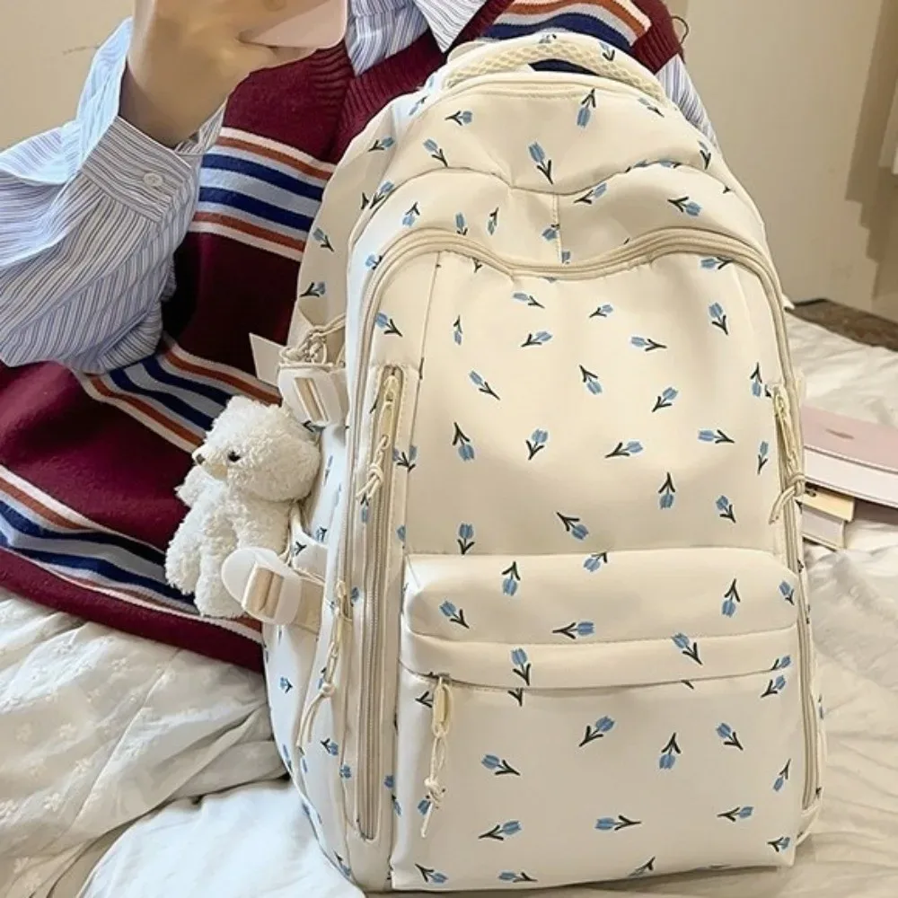 sac à dos mignon à imprimé floral de grande capacité, multi-poches, motif de nœud épaissi, sac d'école léger et durable, sac à dos de voyage
