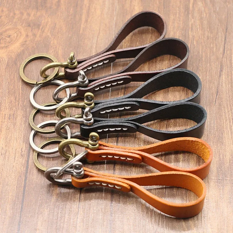 porte-clés en cuir de vachette fait main de haute qualité, breloque de sac, cordon pour clés de voiture, boucle fer à cheval vintage en cuivre, pendentif de sac à dos