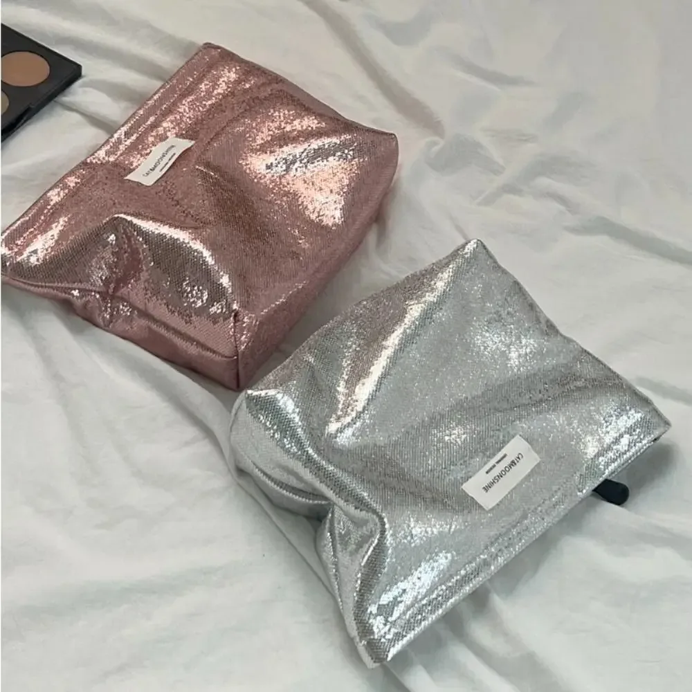 Sac de maquillage portable brillant à paillettes, sac cosmétique couleur champagne argenté, sac de rangement pour articles de toilette et soins de la peau, sac de voyage