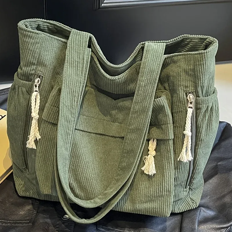 sac fourre-tout en velours côtelé grande capacité pour femme, sac à main multi-compartiments robuste, sac à bandoulière avec sangle fixe et fermeture éclair