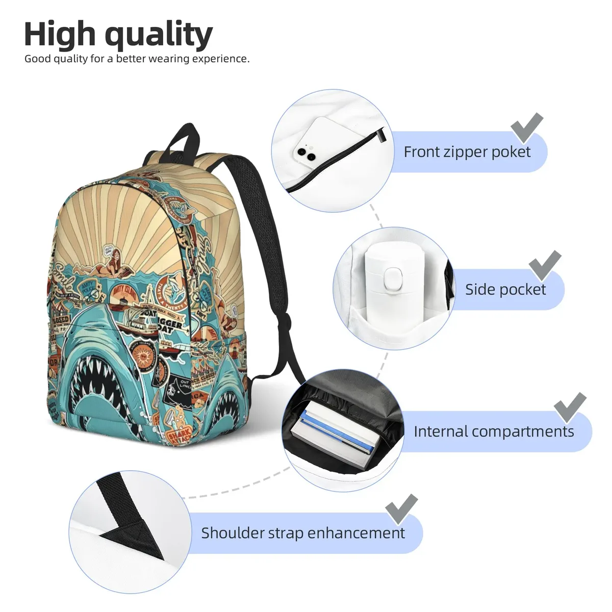 sac à dos jaw-shark classic film amity island pour hommes, femmes, adolescents, étudiants, randonnée, voyage, sac à dos de jour, sac à bandoulière pour ordinateur portable, extérieur