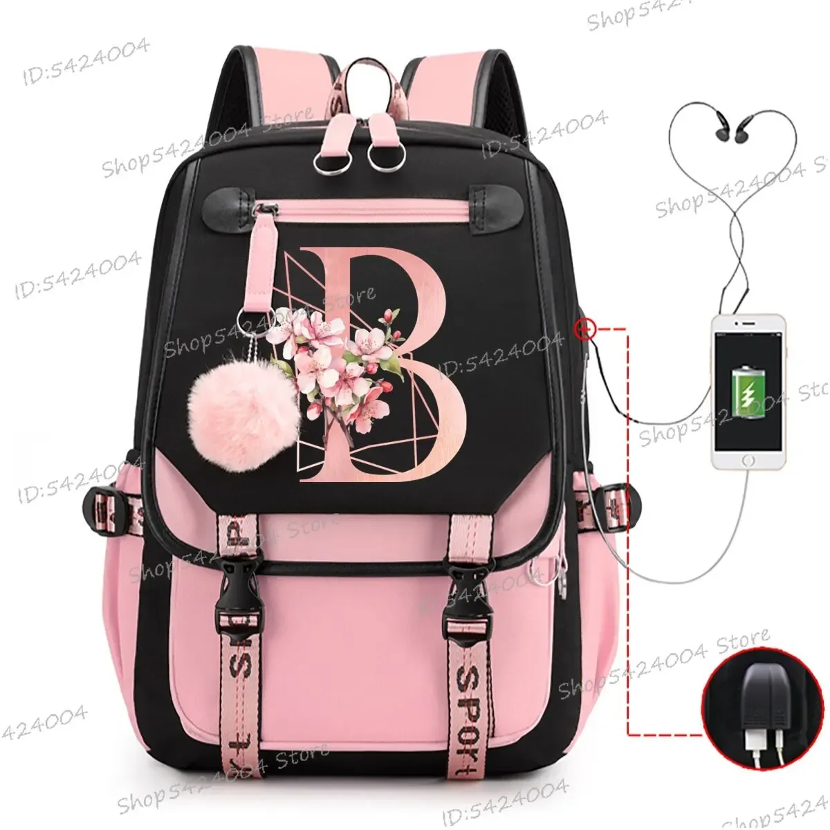 sac dos nylon unisexe rose noir lettre initiale motifs floral personnages voyage adolescents toile interne ordinateur poche fentes compartiments