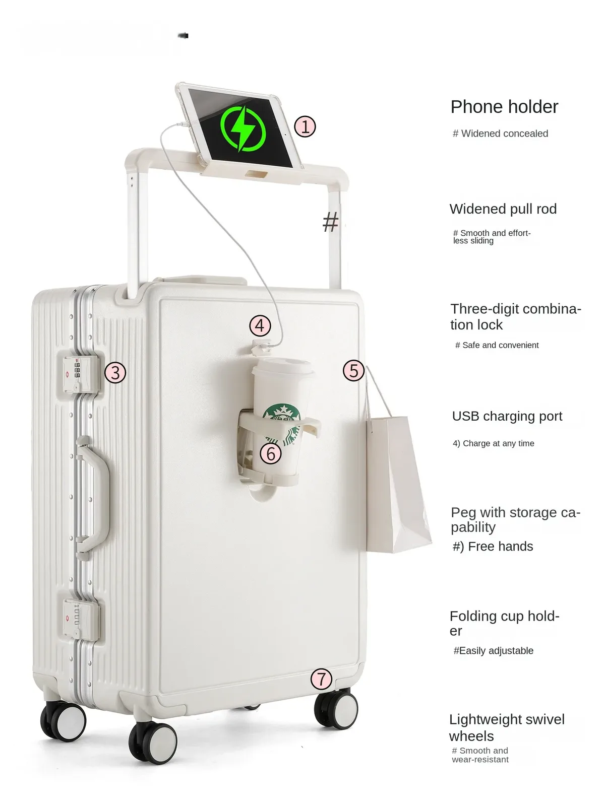 valise à roulettes multifonctionnelle de 30 pouces avec cadre en aluminium et poignée large, en polycarbonate durable, grande capacité