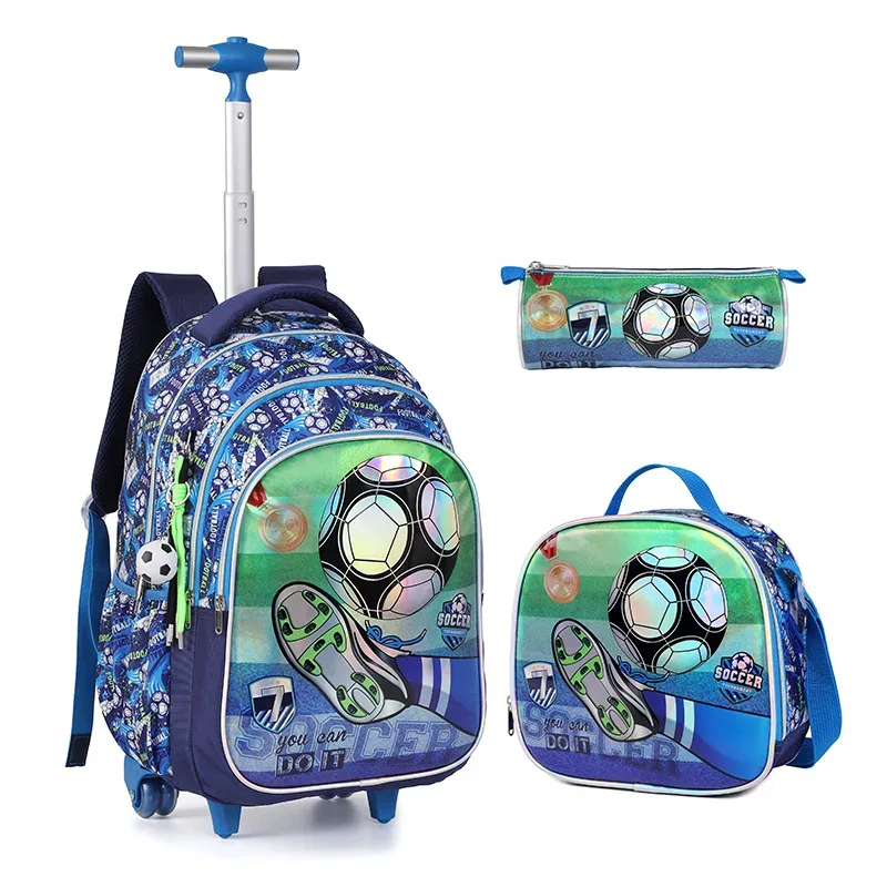 valise sacdos polyester motiffootball chaussuressport bleu roulettes facilitetransport setecolier crayoncase lunchbox thèmefootball usagevoyage scolaire