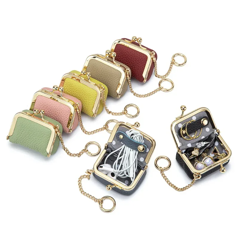 porte-monnaie miniature en cuir véritable avec fermoir à pression et chaîne, petite pochette à fermoir pour femmes, sac de rangement pour bijoux, porte-monnaie compact et solide.