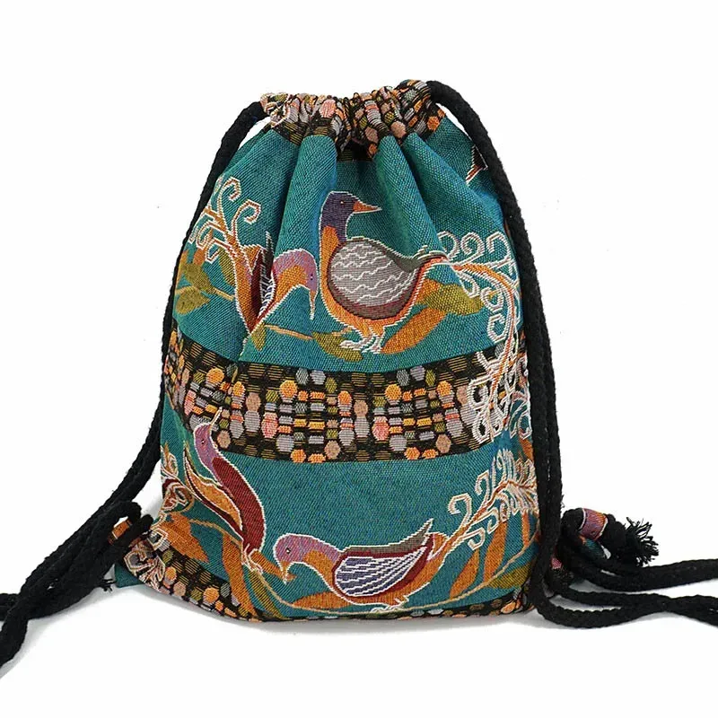 sac à dos en tissu pour femme 2026, style bohème chic, ethnique, tribal, ibiza, gypsy, aztec, doux, marron, avec cordon de serrage