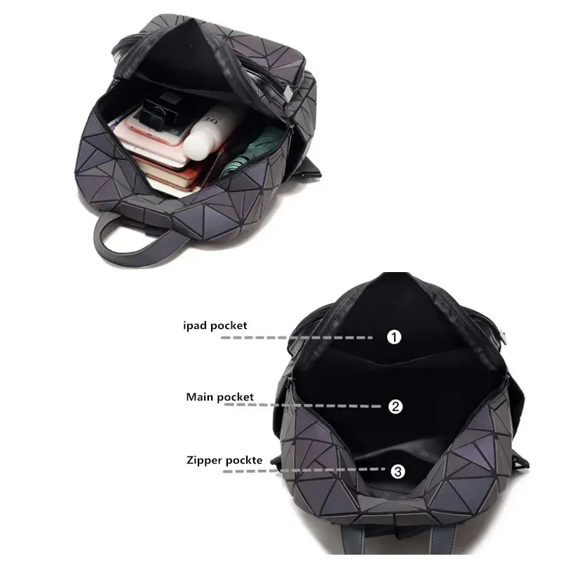 sac à dos lumineux tendance pour femmes, en pvc holographique, géométrique, pour adolescentes, sac à dos de voyage, mochila feminina.
