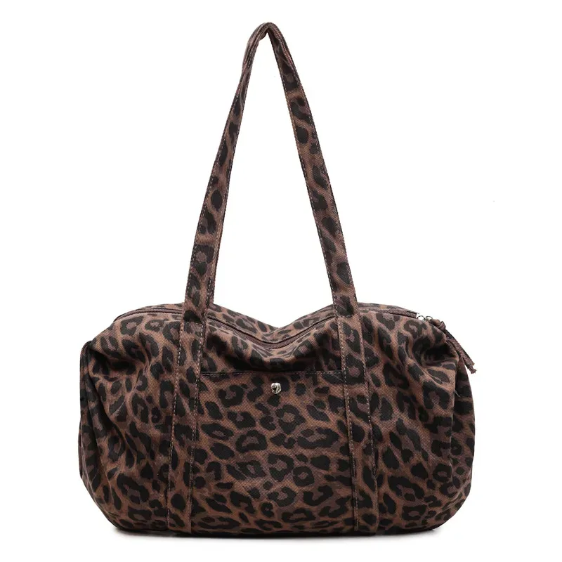 sac à bandoulière en toile imprimé léopard, grande capacité, fourre-tout à poignée pour les déplacements quotidiens, sacs de rangement à texture polyvalente