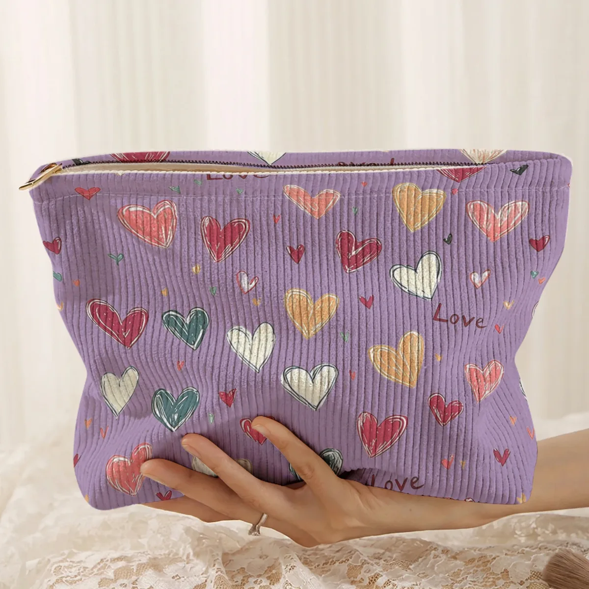 1 pièce, sac de rangement portable pour cosmétiques avec motif de cœur coloré, imprimé double face, sac de maquillage de voyage à fermeture éclair
