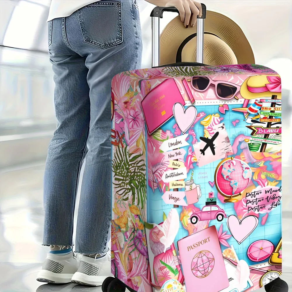 1 housse de bagage rose tropicale à imprimé collage pour bagages de 18 à 32 pouces ; accessoires de voyage anti-poussière et élastiques
