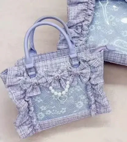 sac à main en dentelle à volants pour femmes et filles, sacoche de style japonais, fourre-tout carré avec nœud papillon en perles, sacs à main portables initiés