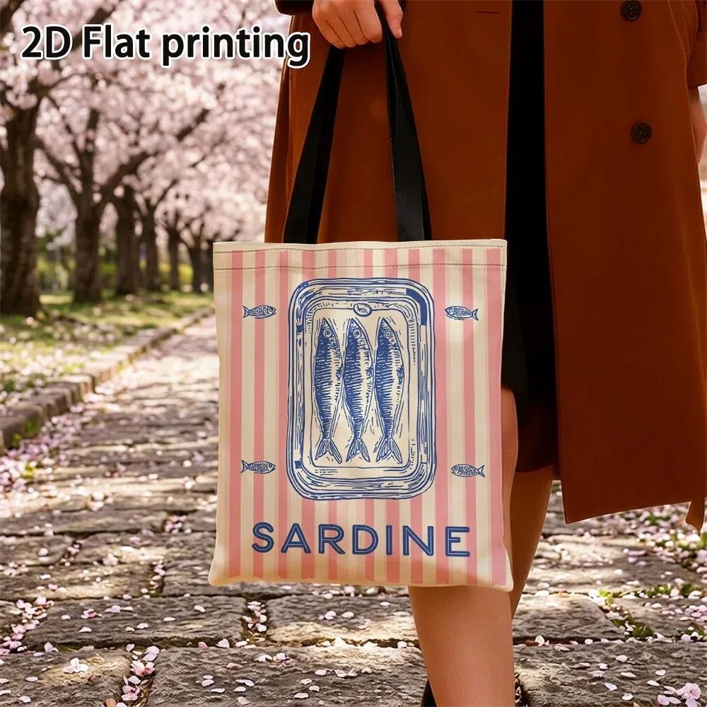 sac fourre-tout au design rétro vibrant motif sardine, sacs d'épicerie légers et réutilisables avec bretelles fixes, pour le shopping et l'usage quotidien