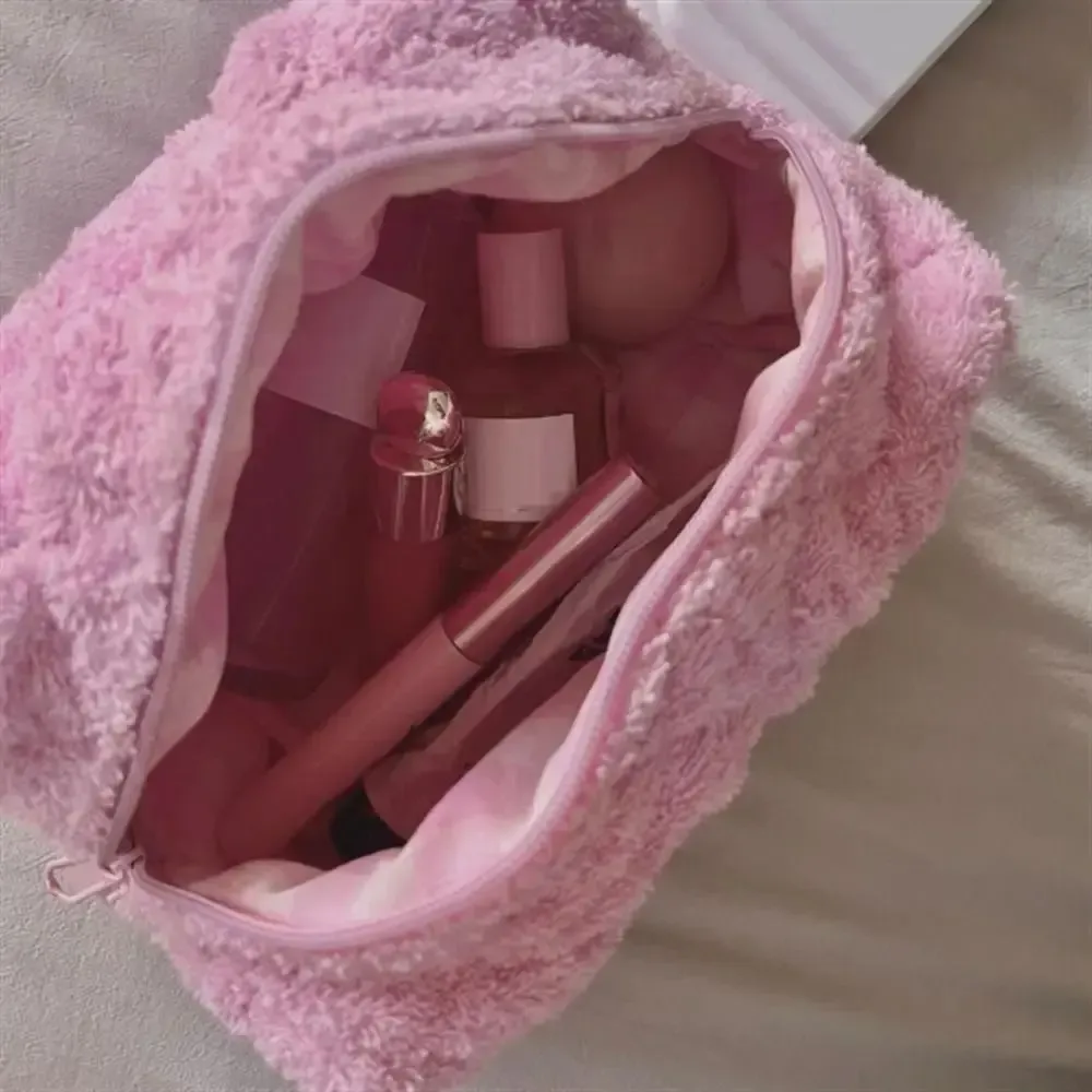 Sac à cosmétiques de grande capacité, sac de maquillage Design Portable en peluche, sac de rangement de Style Kawaii de couleur Pure, rangement de maquillage