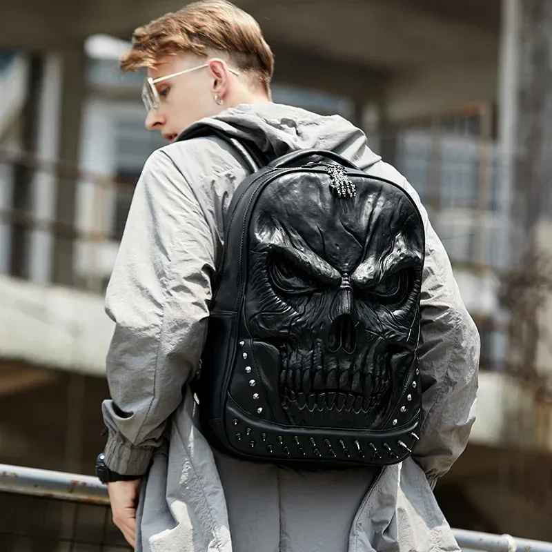 hommes femmes sacs à dos en cuir épais pour adolescents 3d crâne concepteur voyage décontracté grande capacité pochette d'ordinateur garçon fille sacs d'école
