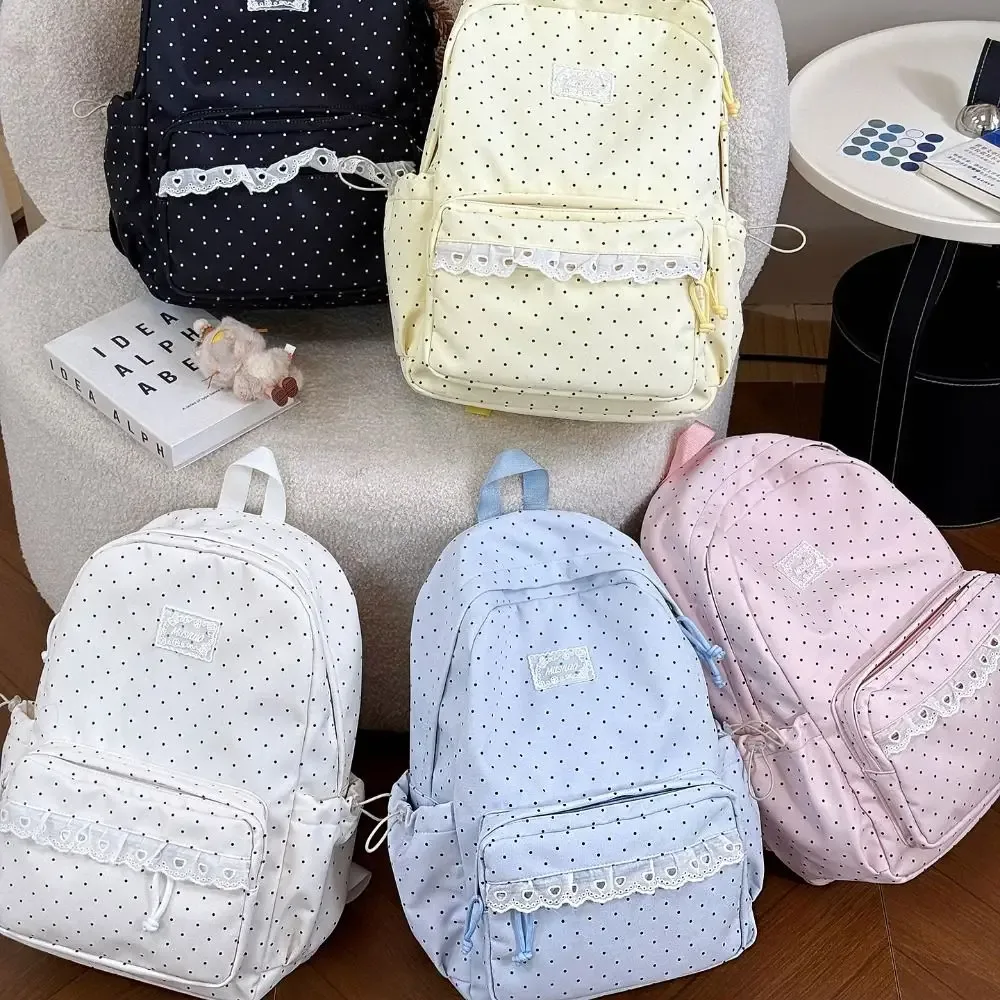 sac à dos tendance à pois grande capacité avec nœud et dentelle, sac à dos durable et minimaliste pour étudiant, idéal pour l'extérieur