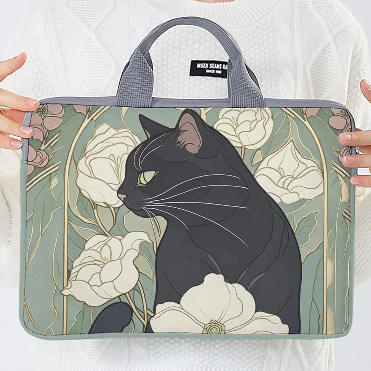 housse ordinateur portable impression chat noir fleurs polyester protection voyage travailler transport document travail