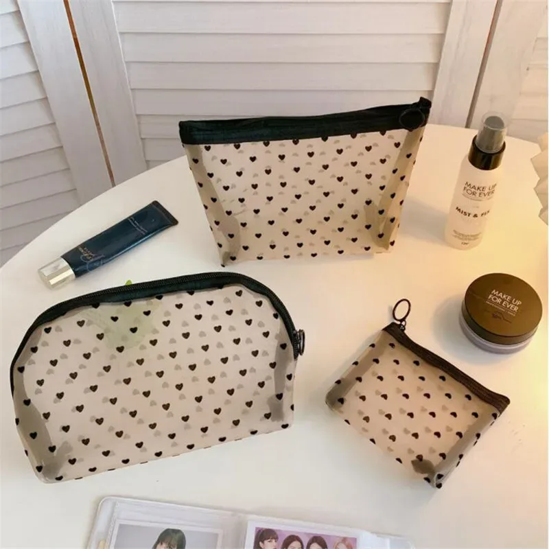 sacs de rangement en maille transparente en forme de cœur pour femmes, sac à cosmétiques nécessaire, organisateur de voyage, petits et grands sacs de toilette noirs, pochette de maquillage