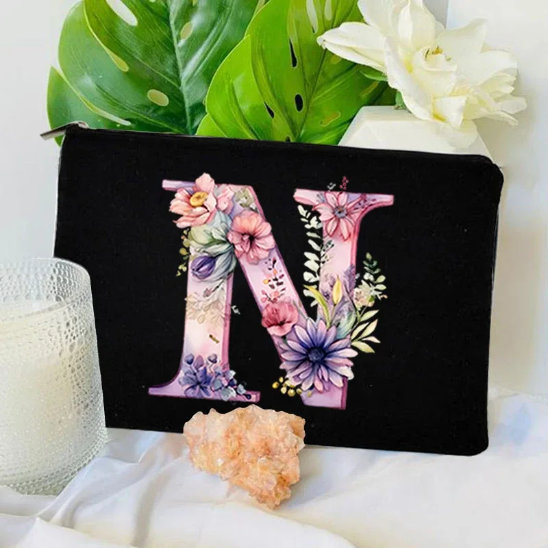 trousse toilette toile noire initiale fleurs maquillage femmes voyage sac cosmétiques intérieur uni poignée glissière