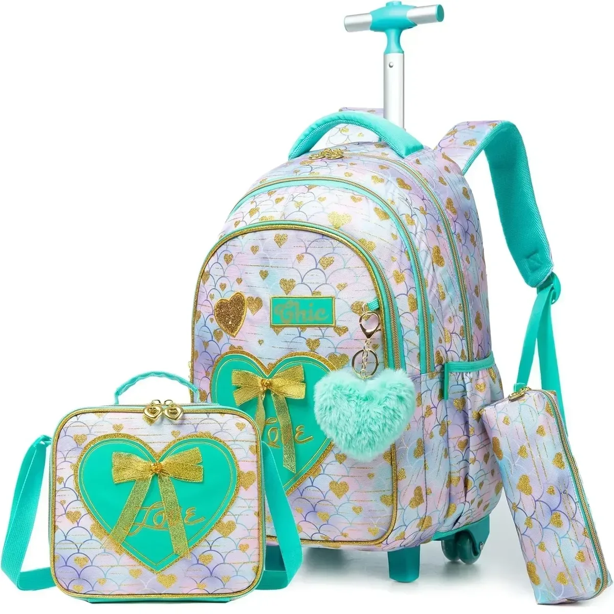 sacs d'école à roulettes pour filles, 3 pièces, sac à dos étanche pour enfants avec roulettes, chariot d'école primaire, sac de livre à bagages