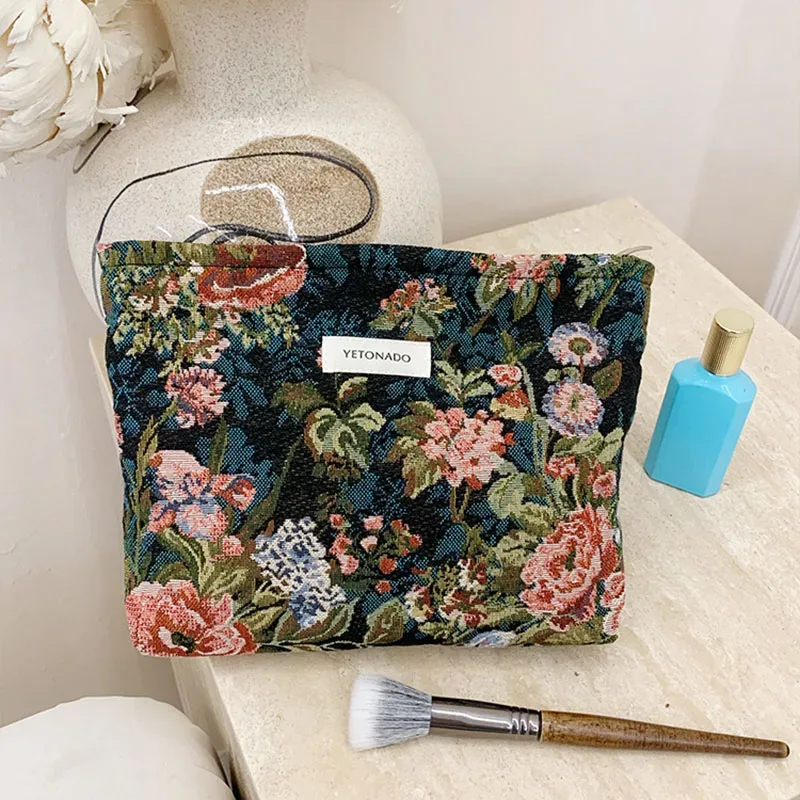 ins style vintage fleurs sac cosmétique portable main sac cosmétique voyage trousse de toilette sac de rangement outils de maquillage pochette de rangement