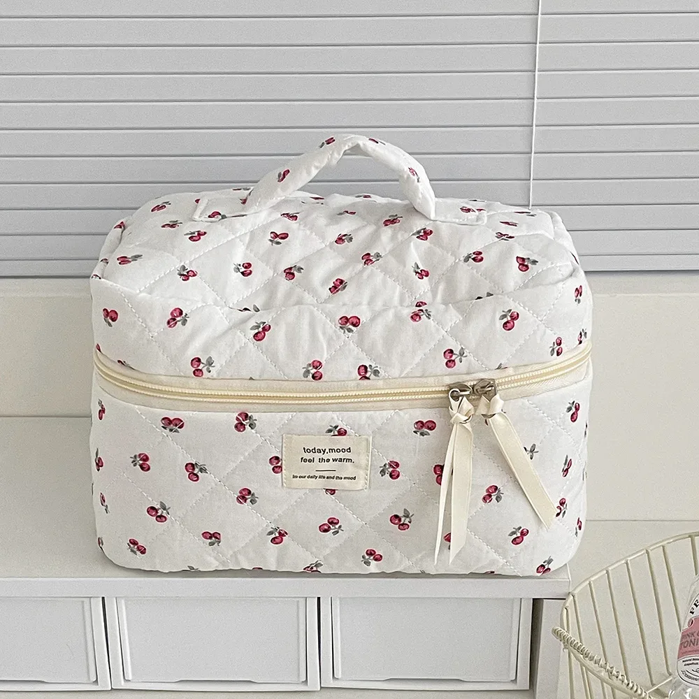 mode cerise fourre-tout femmes sac de maquillage portable mignon dames cosmétique toilette pochette de rangement sac à main coton matelassé sac à fermeture éclair