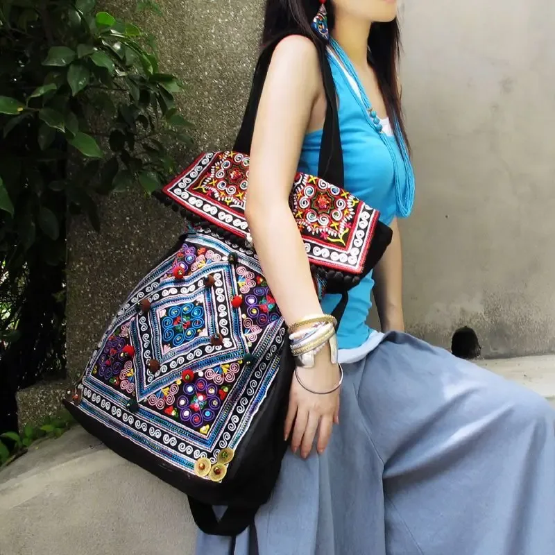 sac brodé chic de grande capacité de style national, sac de voyage à une épaule en toile, sac en tissu bohème