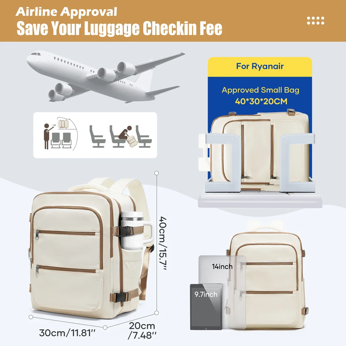 sac à dos de voyage avec pompe, sac à dos de cabine d'avion 40x30x20, bagage à main ryanair, sac à dos de voyage wizzair, sacs pour ordinateur portable pour femmes et hommes
