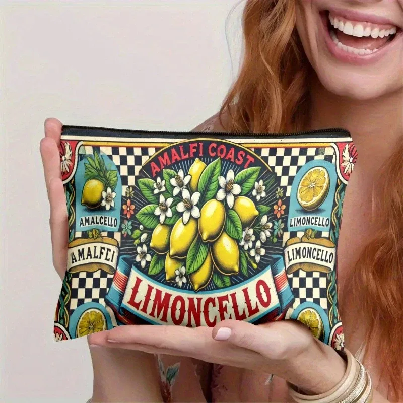 trousse polyester cosmétique citrons jaune fond bleu bandes rouges blanches amalfi coast limoncello voyage maquillage