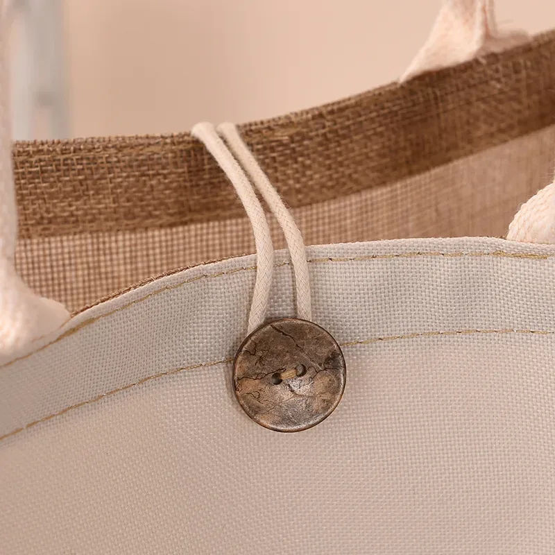 sac fourre-tout en toile de jute avec bouton pour femme, sac à main cadeau de grande capacité, respectueux de l'environnement, sac à provisions réutilisable, sac en chanvre