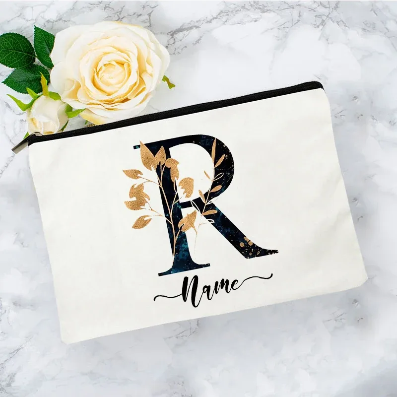 pochette organisatrice en toile noire et or de luxe avec initiales, sac de voyage pour cosmétiques, cadeau de toilette d'anniversaire avec nom personnalisé