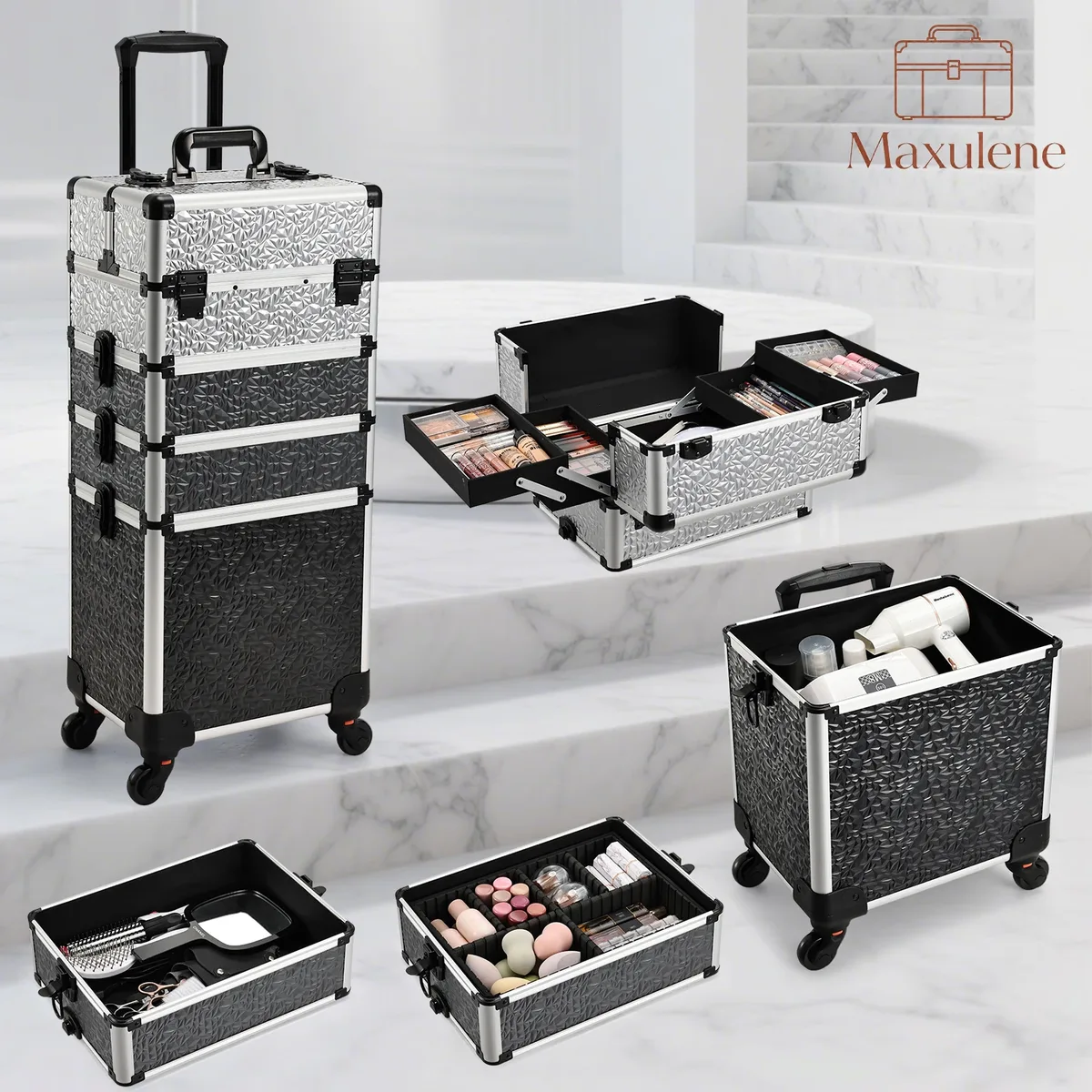 valise de cosmétologie rigide 4-en-1 en aluminium sur roulettes, grande capacité, avec 4 plateaux, chariot de maquillage roulant, valise de voyage pour tatouage, organisateur de vernis à ongles, boîte de rangement, valise de maquillage professionnelle de voyage avec clés