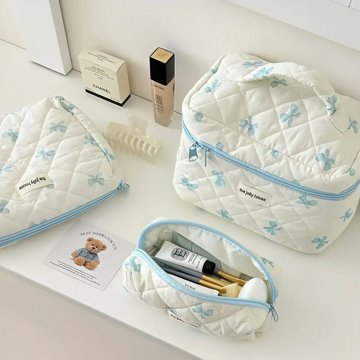 sac de maquillage en coton matelassé pour femmes, mignon, organisateur de cosmétiques à fermeture éclair, sac à main en tissu féminin en forme de boîte, trousse de toilette portable pour filles