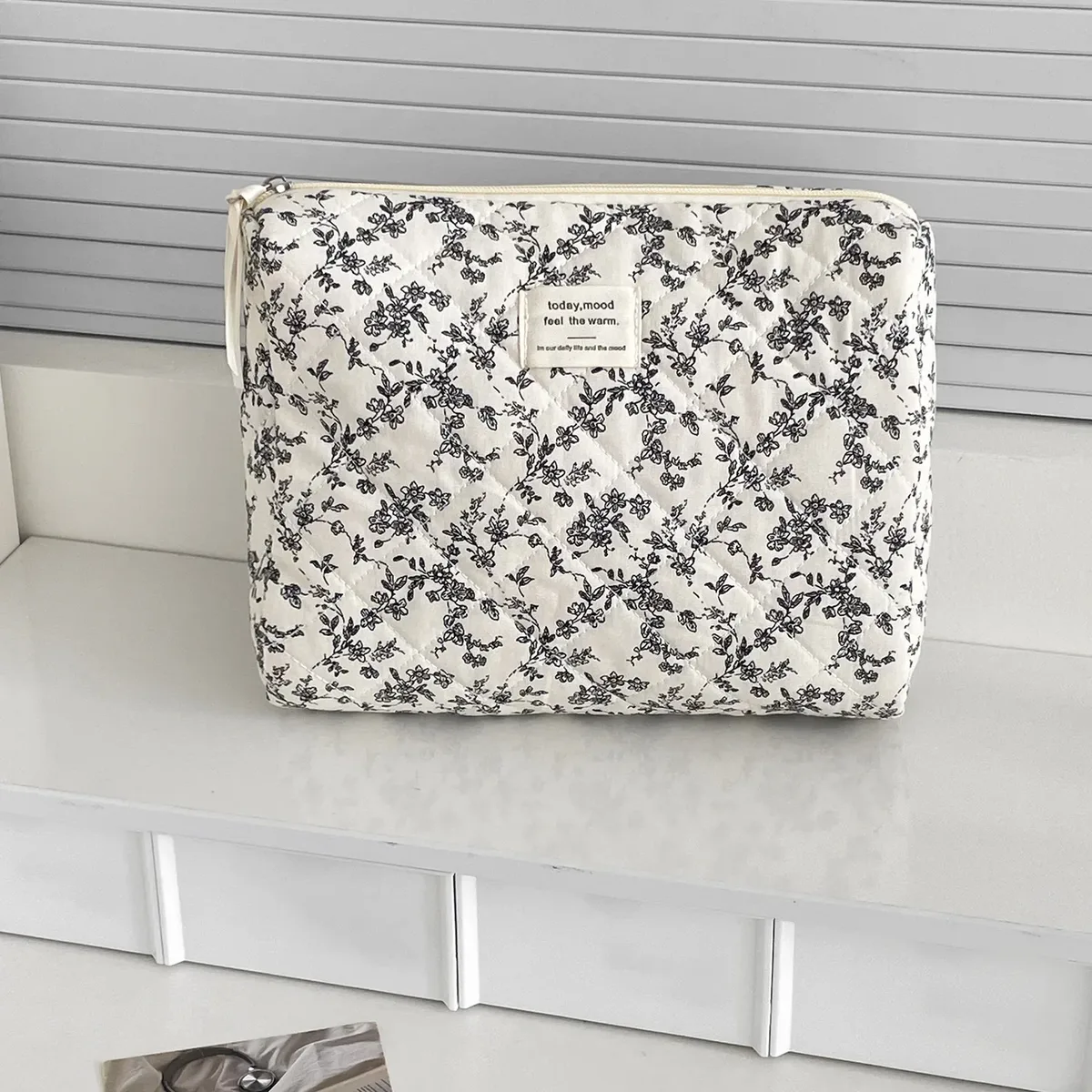 sac à cosmétiques en coton à fleurs noires pour femmes, 1 pièce, sacs de rangement en tissu, petite pochette de voyage de grande capacité, étui de maquillage pour femmes