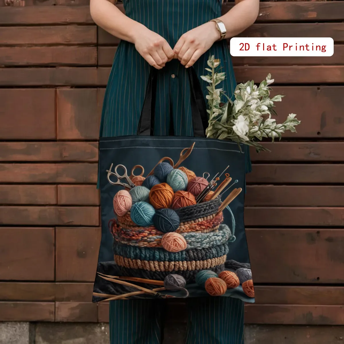 sac fourre-tout pour femme à imprimé aiguilles à tricoter colorées, grande capacité, sac à bandoulière pliable et réutilisable, sac de courses, pochette
