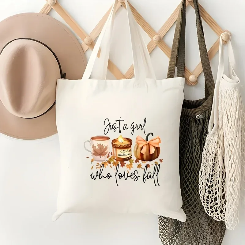 sac à imprimé automnal mignon, avec motifs citrouille, café et feuilles, sac fourre-tout durable, adapté à un usage quotidien et au style automnal confortable.