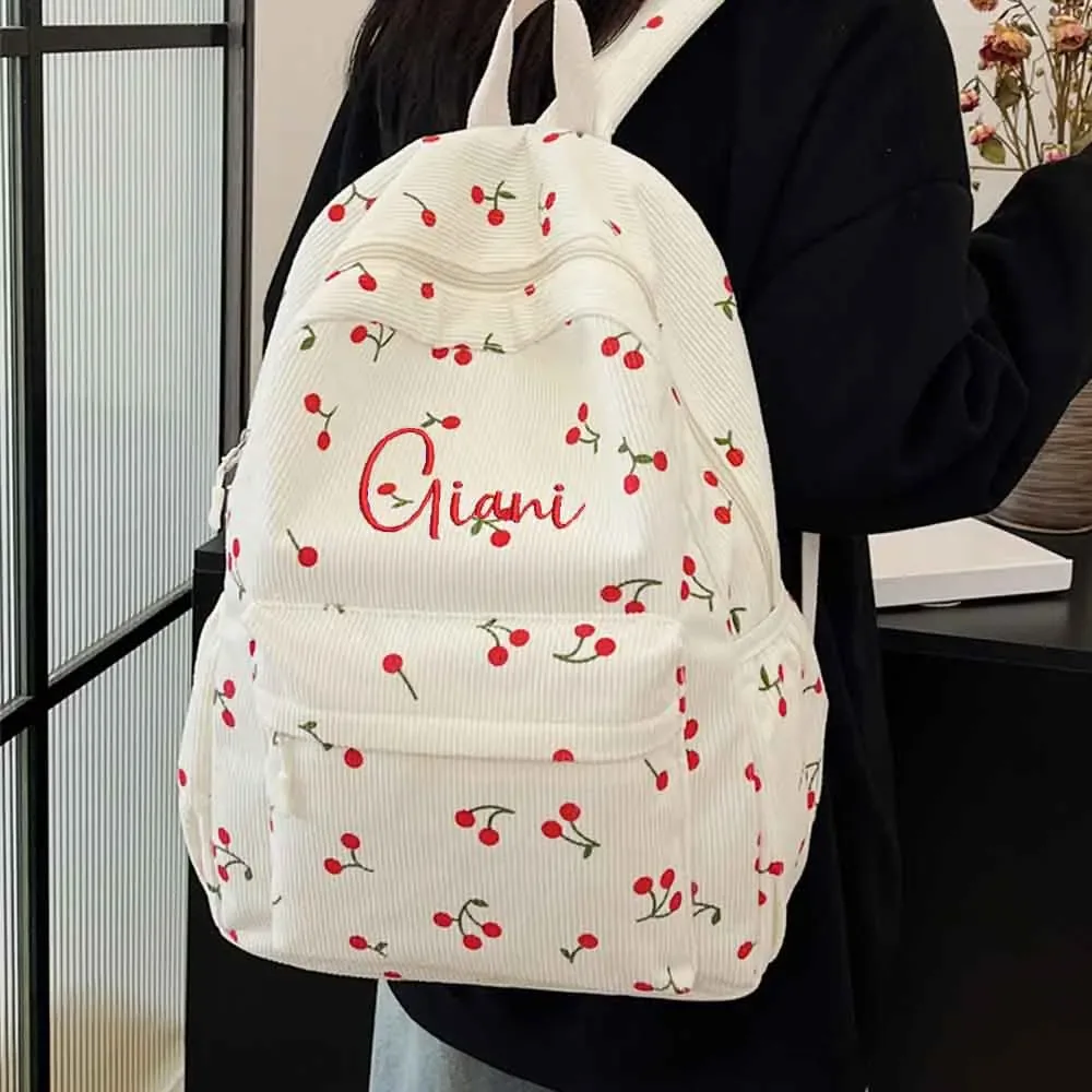 sac à dos personnalisé en velours côtelé cerise, sac de voyage universitaire brodé personnalisé, sac pour enfants avec toute lettre, cadeau de noël unique