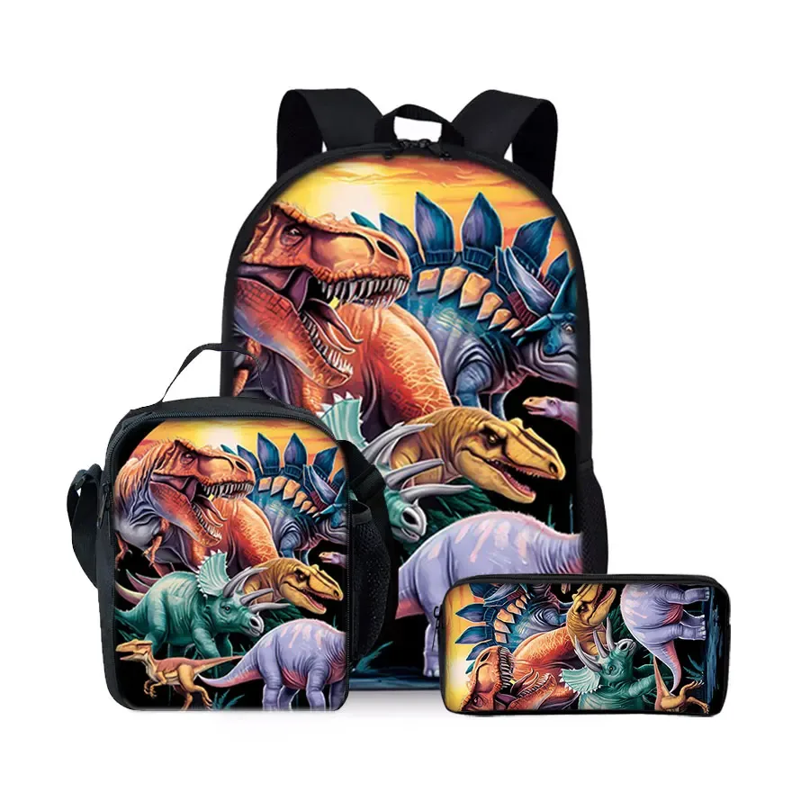 nouvel ensemble de sacs à dos trois pièces à motif dinosaure pour garçons et filles – meilleurs cadeaux – sac à dos scolaire 2d plat dessin animé pour enfants