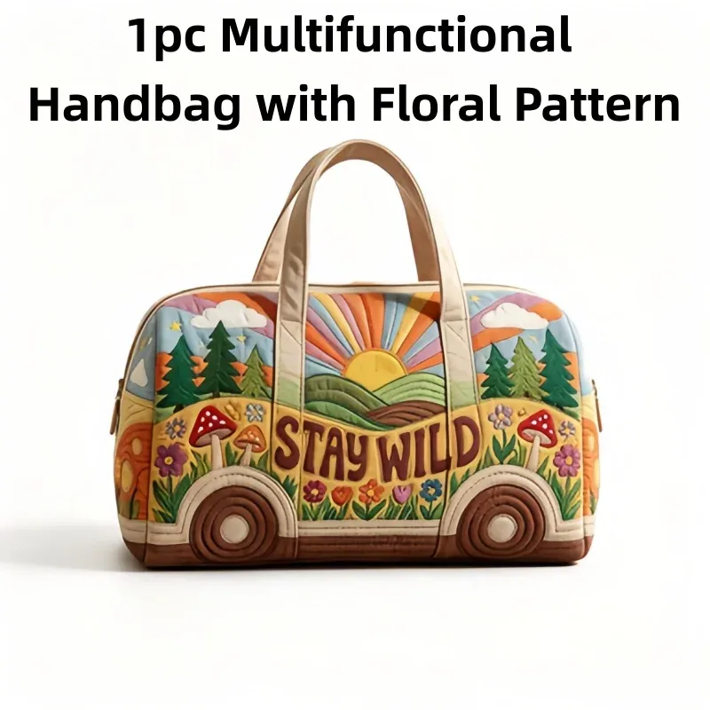sac de voyage matelassé 3d style hippie, sac de voyage van « stay wild », sac de week-end style bohème pour voyage, gym, shopping