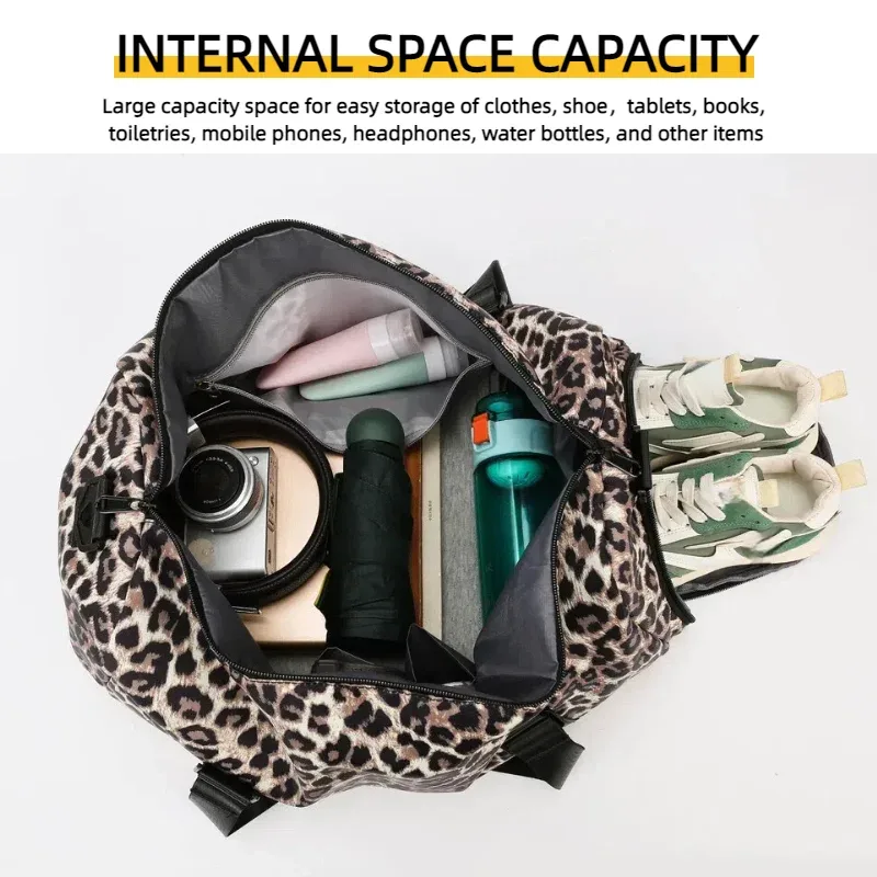 sac de voyage à imprimé léopard pour femmes, sacs de sport et de yoga avec compartiment indépendant pour chaussures, sac de rangement pour week-end pour étudiants