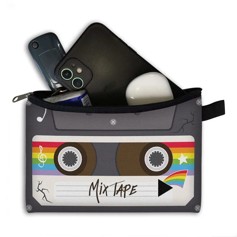 boîte à cassettes années 80 et 90, étui à cosmétiques graphique, cassette de mixage musical, sacs à maquillage pour femmes, sacs de rangement pour rouge à lèvres, trousse de toilette old school