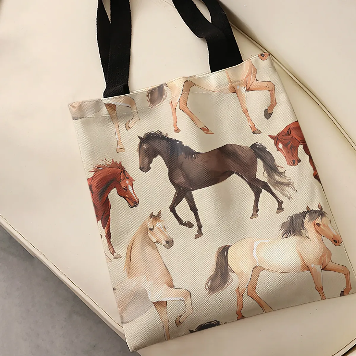 sac fourre-tout avec imprimé de troupe de chevaux multicolores en aquarelle, sac à bandoulière de grande capacité pour le shopping, les voyages et l'usage quotidien