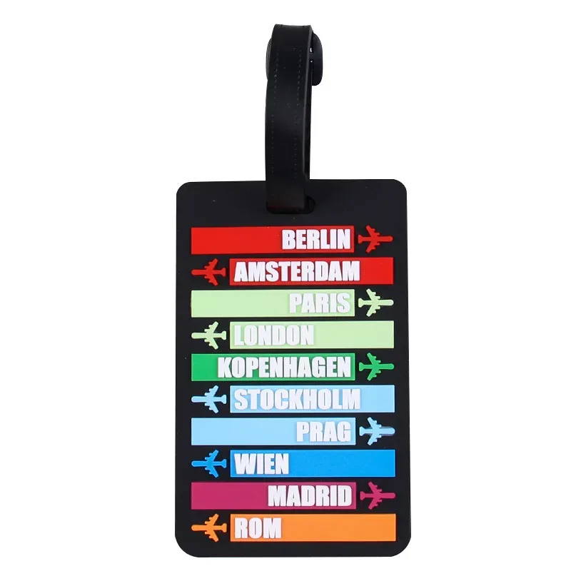 étiquette bagage caoutchouc motif pays lignes colorées lettres blanches fond couleur voyage identité valise nom adresse