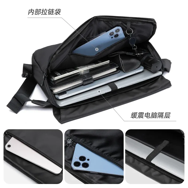 sac à bandoulière étanche pour hommes, grande capacité pour ordinateur portable de 15 pouces, sac à bandoulière tendance solide noir léger, sac portable antivol à fermeture éclair