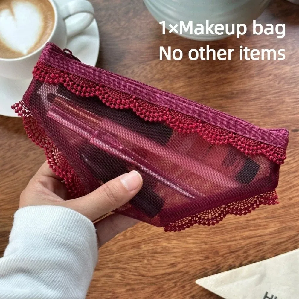 nouvelle trousse de toilette transparente y2k en maille dentelle motif cœur, pochette de rangement cosmétique pour voyage