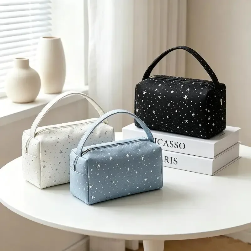 sac de rangement pour cosmétiques en nylon à motif étoilé, grande capacité, poignée portable, trousse de toilette imperméable pour les voyages.