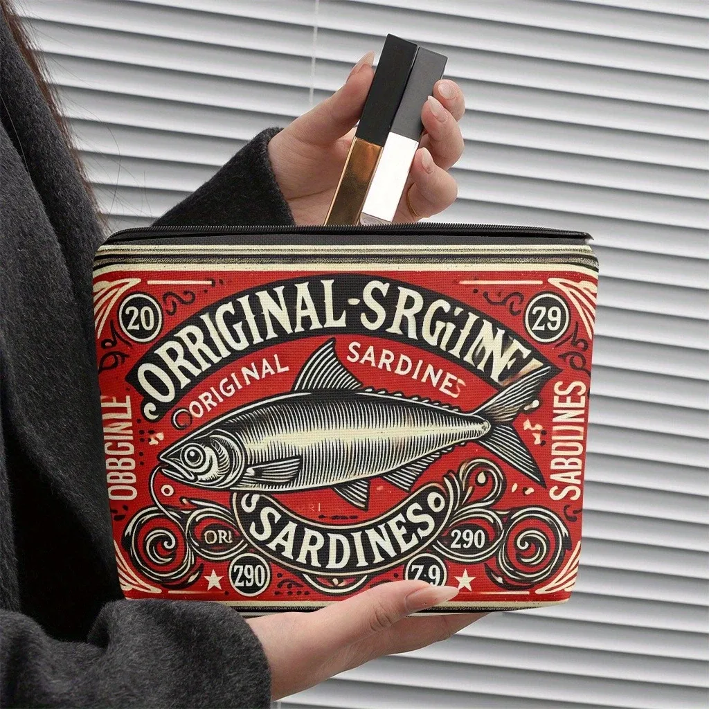 sac de maquillage en lin exquis, 1 pièce, sardines vintage, peut concevoir un sac de maquillage | organisateur cosmétique organisateur de toilette de voyage, cadeau unique pour les femmes